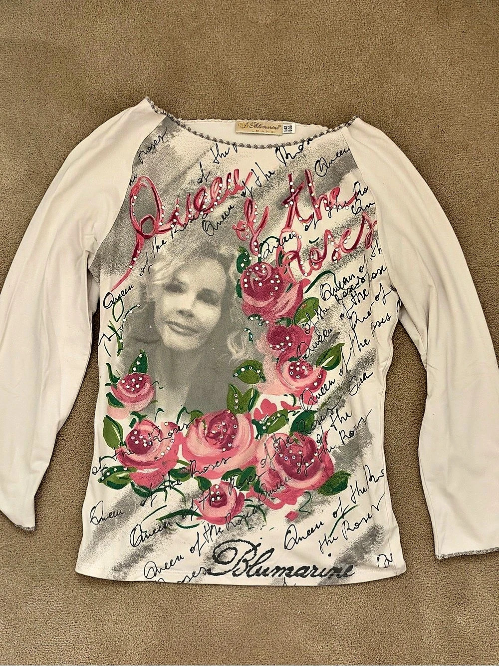 Blumarine Floral Rhinestone quarter Sleeve Top Size 36